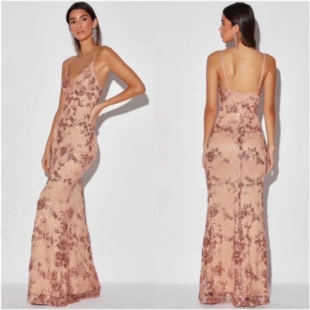 NWOT Lulus Shine Language Rose Gold Sequin mermaid maxi